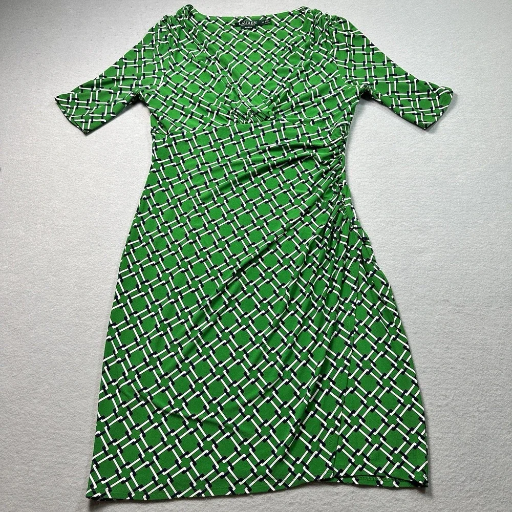 Lauren Ralph Lauren Ruched Sheath Dress Green Geometric Chain Print Womens 12